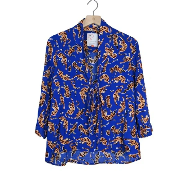 Anthropologie 17 of 52 Conversations Women's 4 Blue Big Cat Tie Neck Blouse - Picture 2 of 9